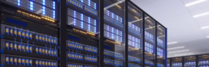 Modern data center with secure, high-performance servers used for managed WordPress hosting.