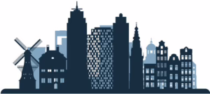 Amsterdam city skyline illustration referencing managed WordPress hosting in Amsterdam.