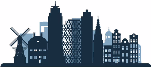 Managed WordPress Hosting in Amsterdam – Stylized City Graphic Amsterdam city skyline illustration referencing managed WordPress hosting in Amsterdam.
