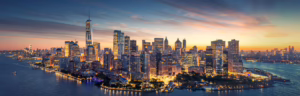 Aerial view of the New York City skyline at sunset, representing Glimmernet’s managed WordPress hosting in New York City.