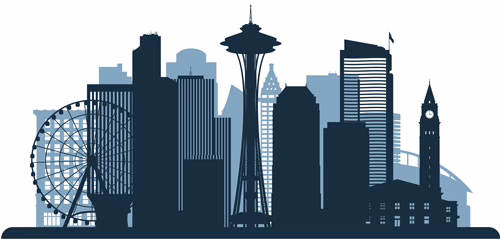 Managed WordPress Hosting in Seattle – Pacific Northwest Graphic Seattle skyline silhouette used to represent managed WordPress hosting in Seattle.