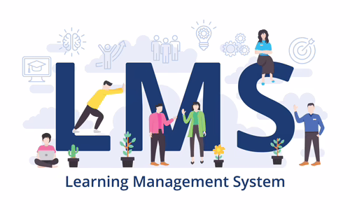 Illustration of people interacting with large LMS letters representing a Learning Management System