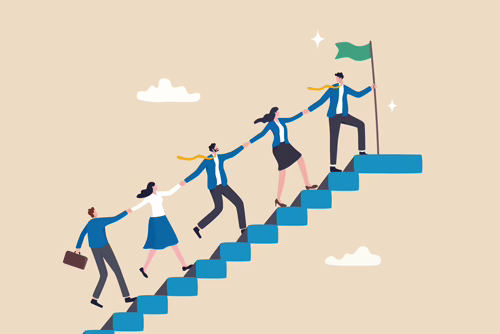 Illustration of a team climbing stairs toward a goal, symbolizing success with a self-hosted LMS