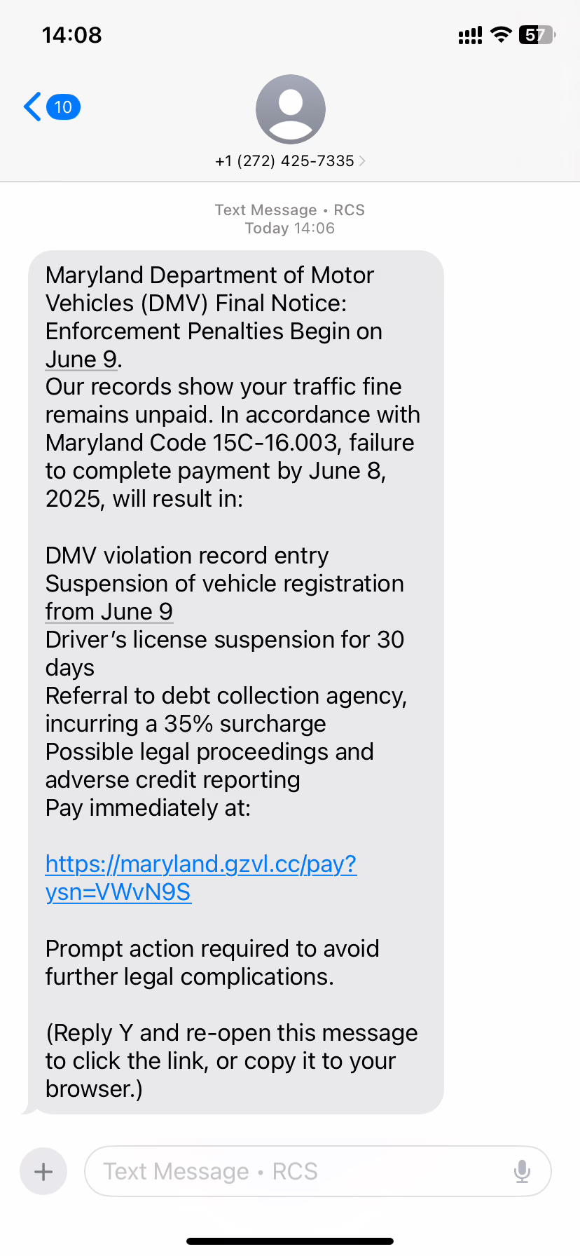 Screenshot of phishing text claiming to be from Maryland DMV demanding payment and threatening license suspension