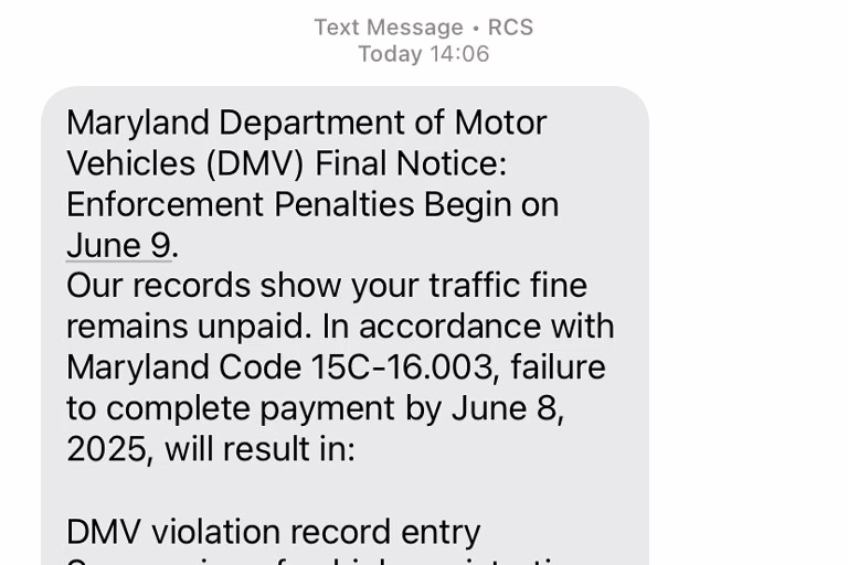 Cropped screenshot of Maryland DMV text scam warning about unpaid fine and license suspension