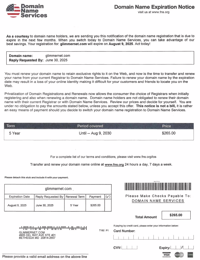 Domain Name Services Scam Letter 2025 Updated 2025 scam letter from “Domain Name Services” targeting domain owners with fake renewal notices