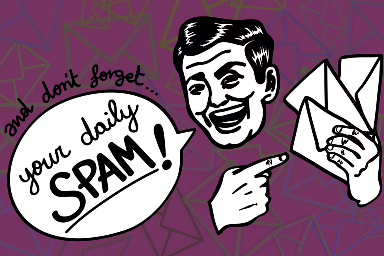 Retro-style illustration with smiling man holding envelopes and speech bubble saying "your daily spam" — highlighting the issue of unwanted email and spam reports