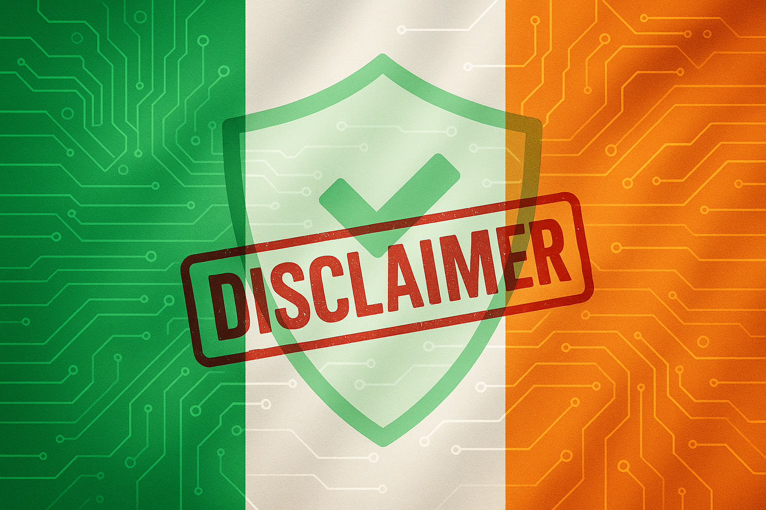 Irish website disclaimer graphic with Ireland flag and digital shield