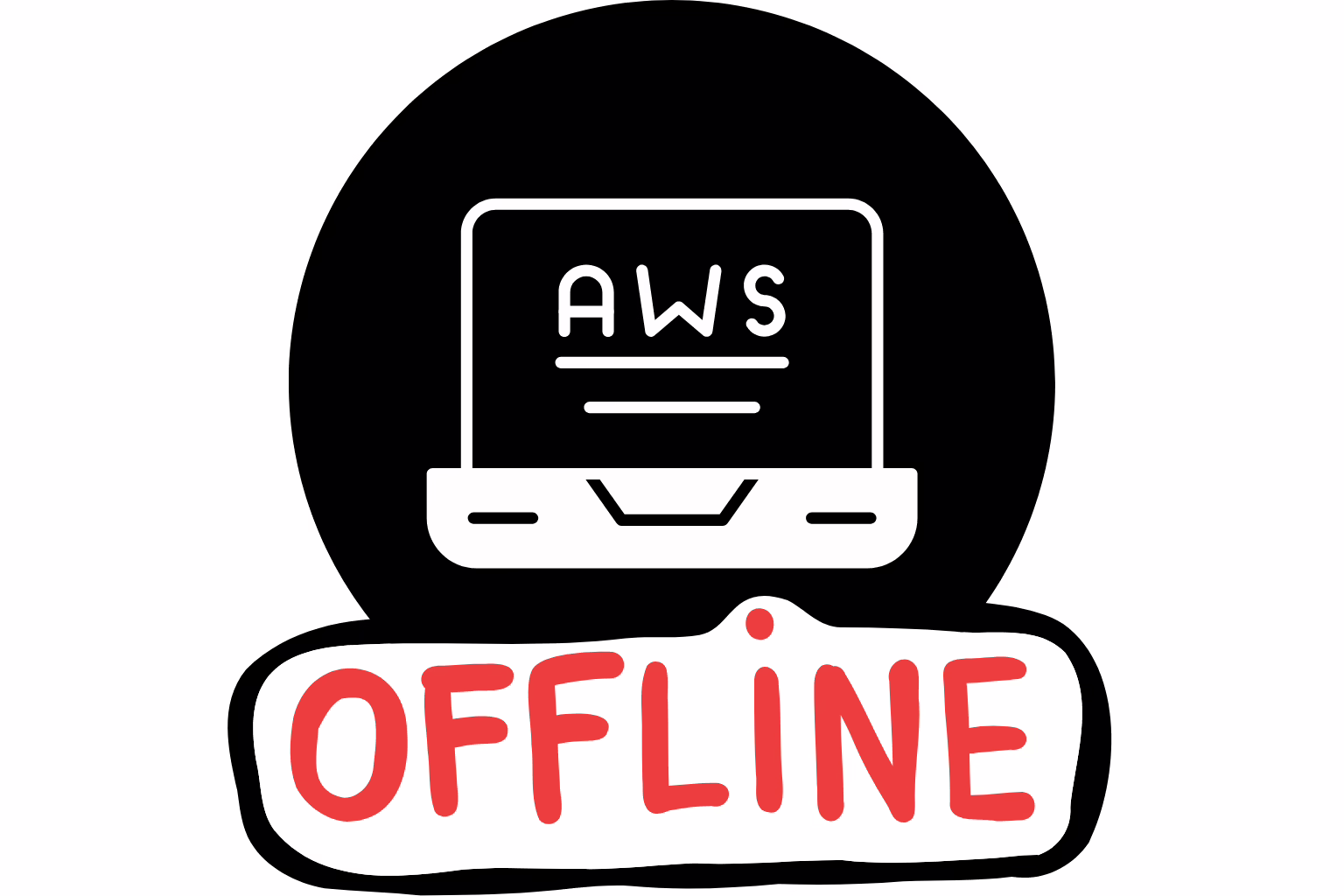 Laptop displaying AWS logo with red "OFFLINE" banner indicating AWS outage