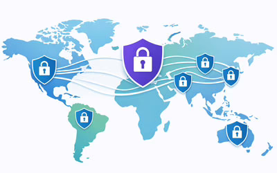 World map showing interconnected privacy shield icons representing global data protection standards flowing between regions