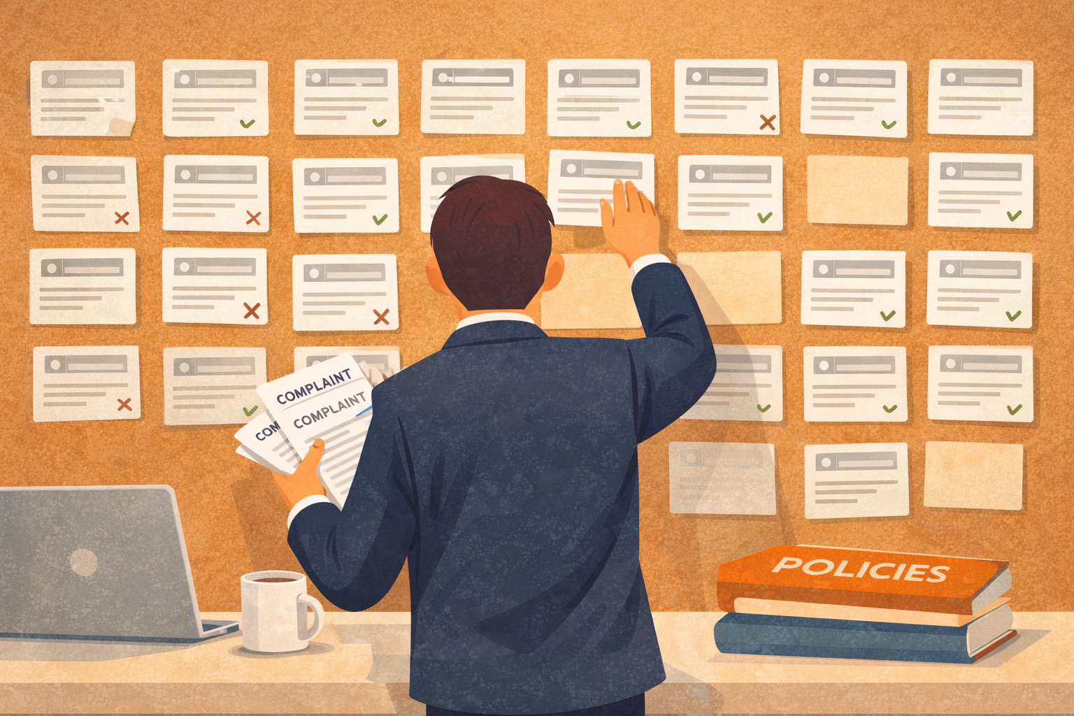 Person standing at a cork board full of business directory listing cards, holding complaint letters and looking uncertain, illustrating the pitfalls of running an online directory