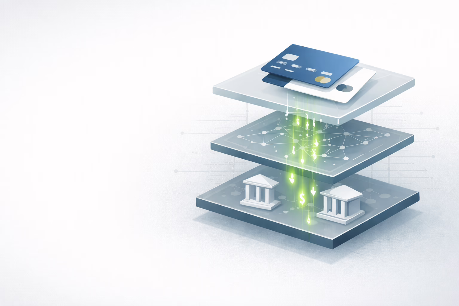 Isometric illustration showing money flowing downward through three layers of a payment system — credit card at top, payment network in the middle, and bank institutions at the bottom