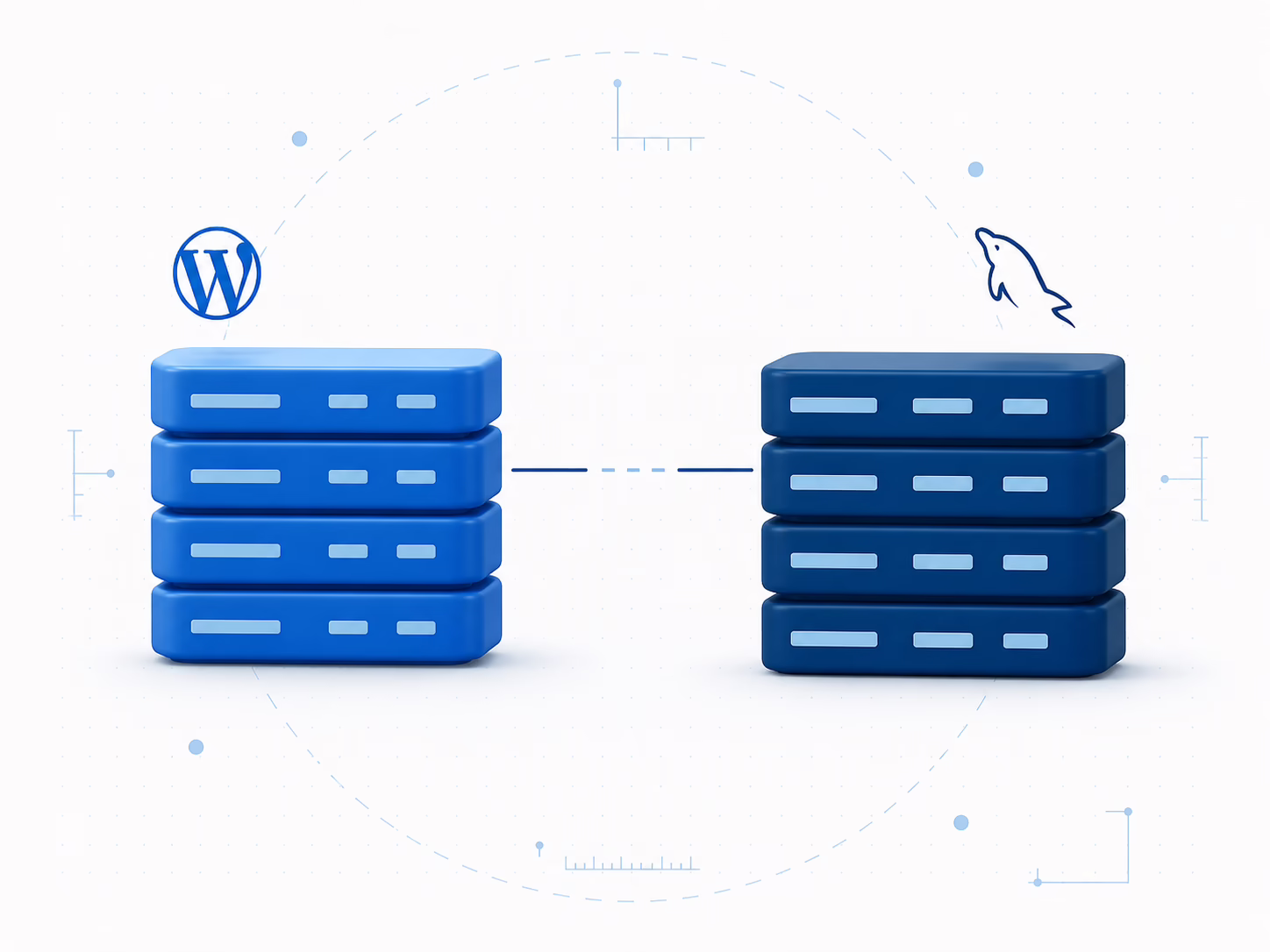 Illustration of a WordPress database and a MySQL database side by side with a broken connection between them, representing the Illegal mix of collations error